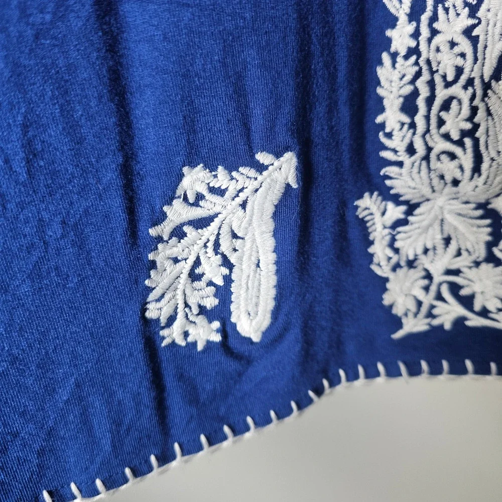 Chelsea Theodore Embroidered Blue Dress XL 3/4 Sleeve Empire Waist Boho Flowy - Picture 9 of 11